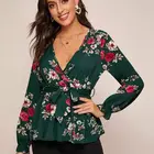 Ladies Fashion V-neck Open Long Sleeve Floral Ladies Casual Shirt