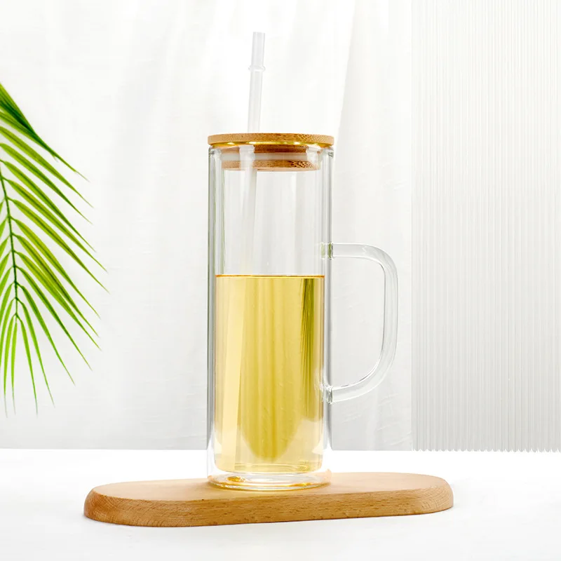 wholesale water Cup double thickened high borosilicate glass pitcher water cup bamboo lid straw handle outdoor