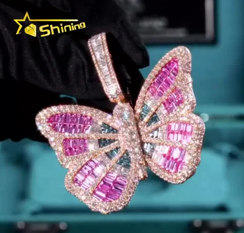 Custom Butterfly S925 Silver Pass Diamond Tester Iced Out Colored Moissanite Lab Grown Diamond Fine Jewelry Charm Pendant