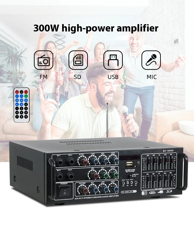 BT-9999 2.0 Channel 300W Home & Car Amplifier High-Power BT Wireless EQ Equalizer Dual-Use 12V/220V Metal Material Receiver