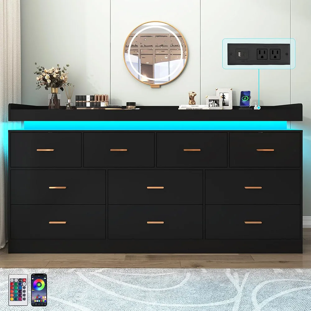 product 10 drawer wood dresser led light charging station modern chest drawers closet wide drawer organizer cabinet living room entryway-5