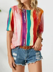2021 Hot Selling Summer Wholesale Women Colorful Stripe Printed T Shirts In Bulk