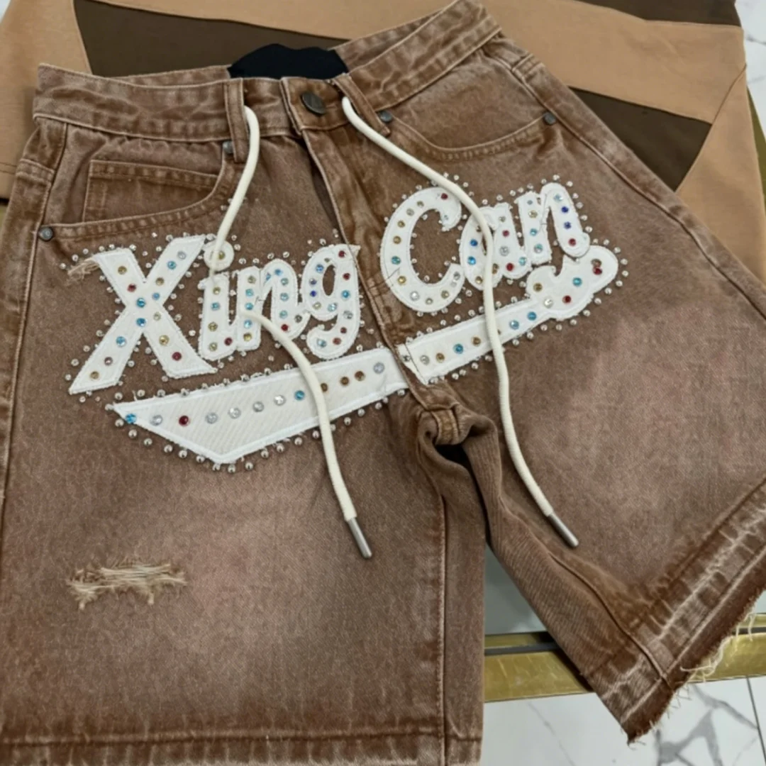 product high end custom polo shirt with rhinestone applique embroidery vintage acid wash rivet denim shorts with hand frayed hem-2