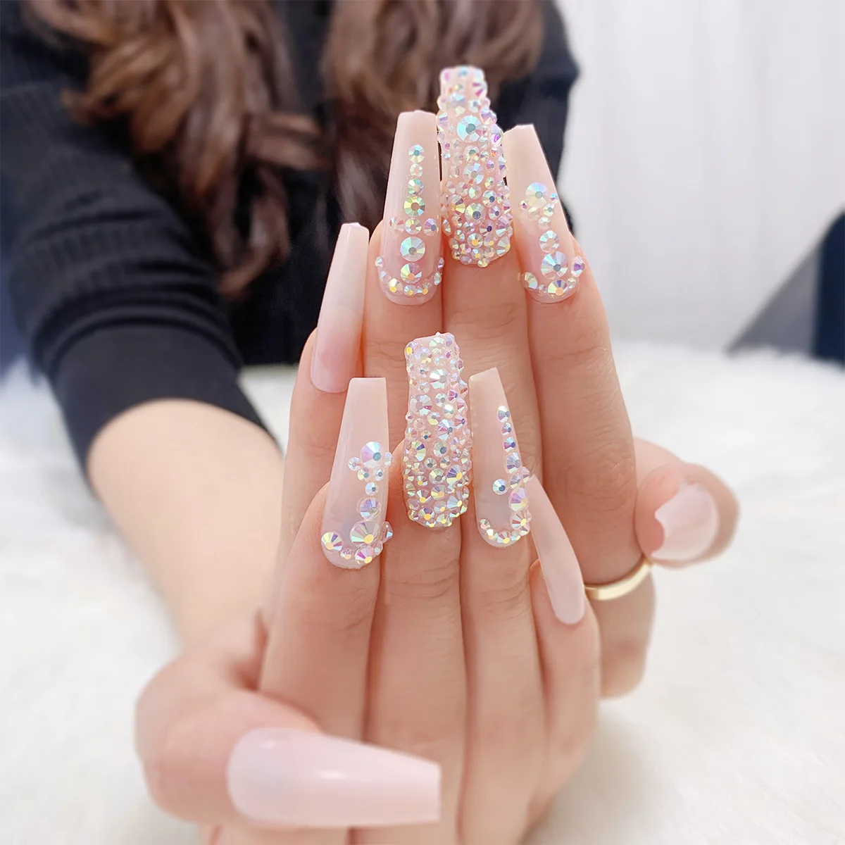 Custom Nails Long French Shine Diamond Butterfly Press On Nails Square  Coffin Full Cover Acrylic Nails 24pcs Box Packaging - Buy Long Bal Press On  Nails Press Olet Nails False Nail Press