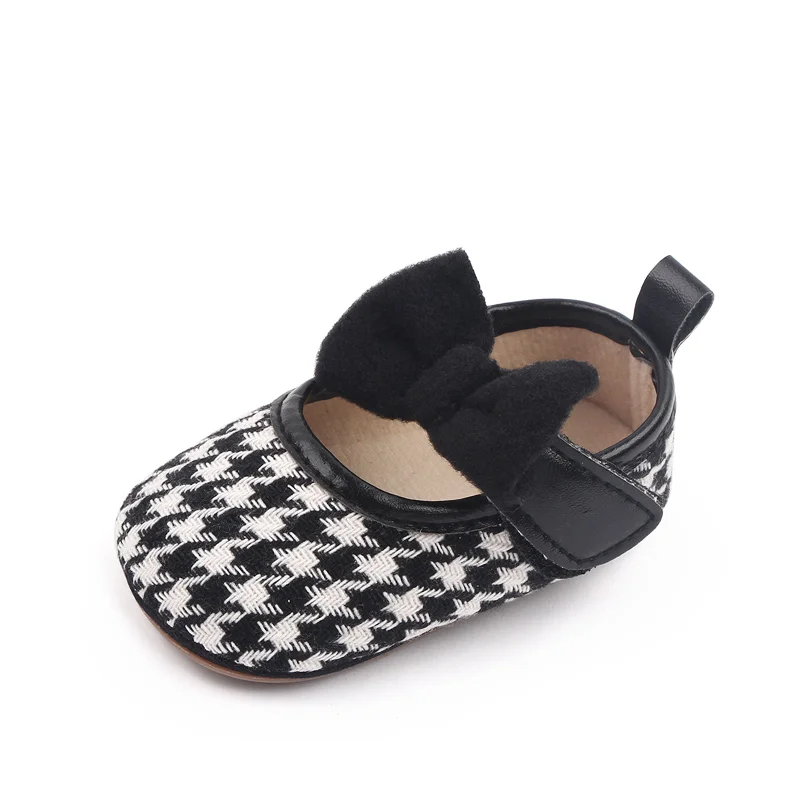 Plush Large Bow Thousand-bird Plaid Vintage Princess Soft-soled Toddler Shoes for Baby Girls factory