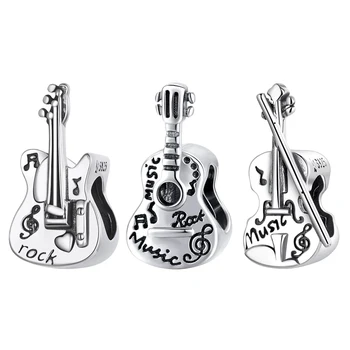 100% 925 Sterling Silver Vintage Bass Violin Music Guitar Charms Beads Pendant Fit Original Bracelet Necklace For Women Jewelry