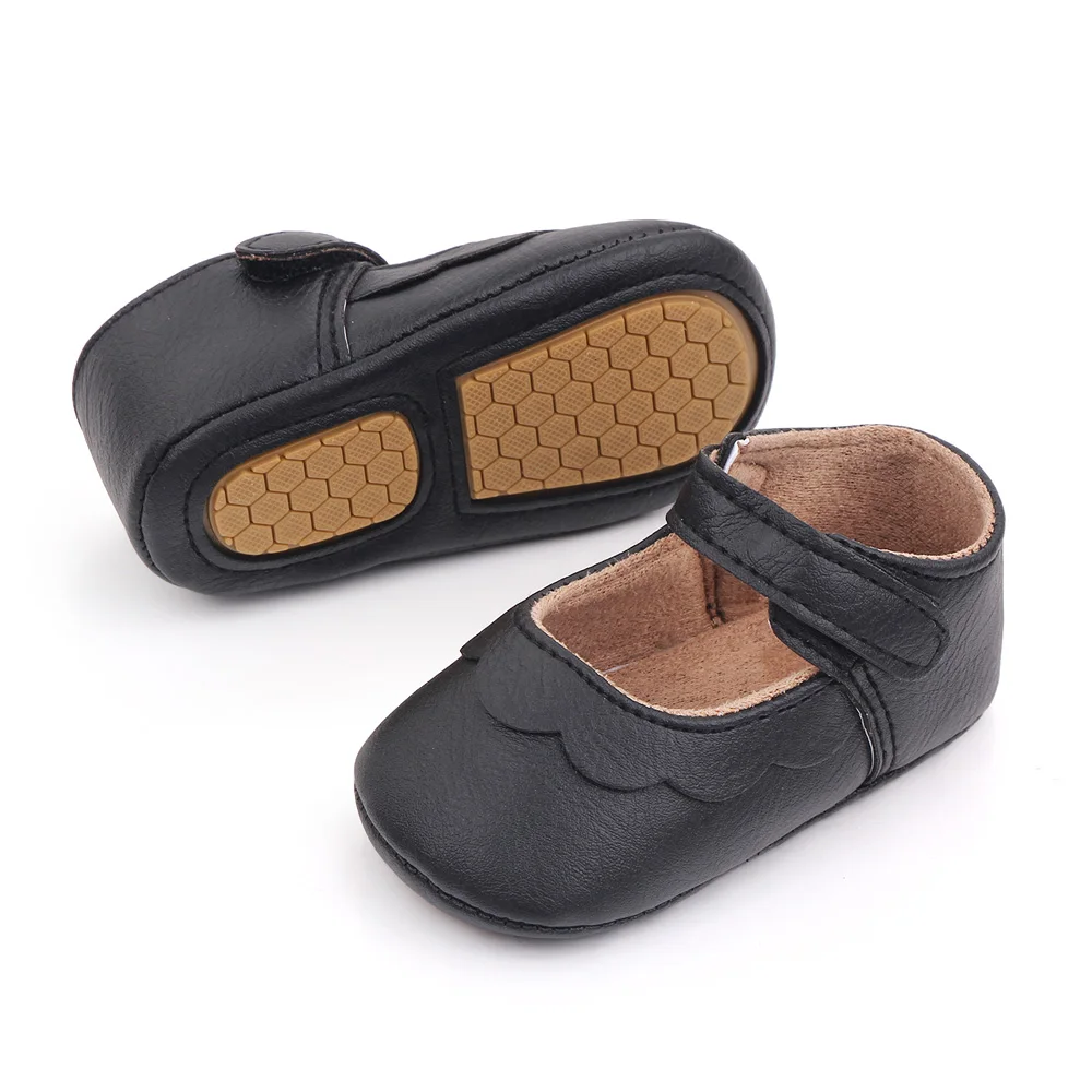 Solid Color PU Leather Top Wave Lace Baby Girls Non-slip Soft Soled Princess Toddler Shoes details