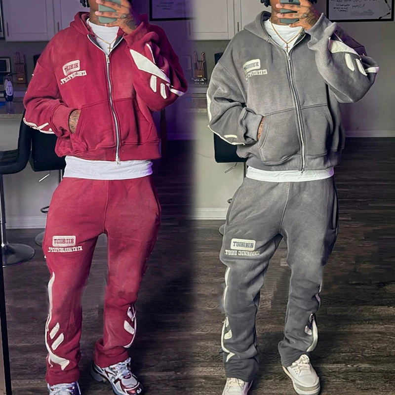 Acid Washed Streetwear Breathable Zipper Hoodie Flared Sweatpants Tracksuit Set Spring Perfect Match Acid Wash Distress Patch factory