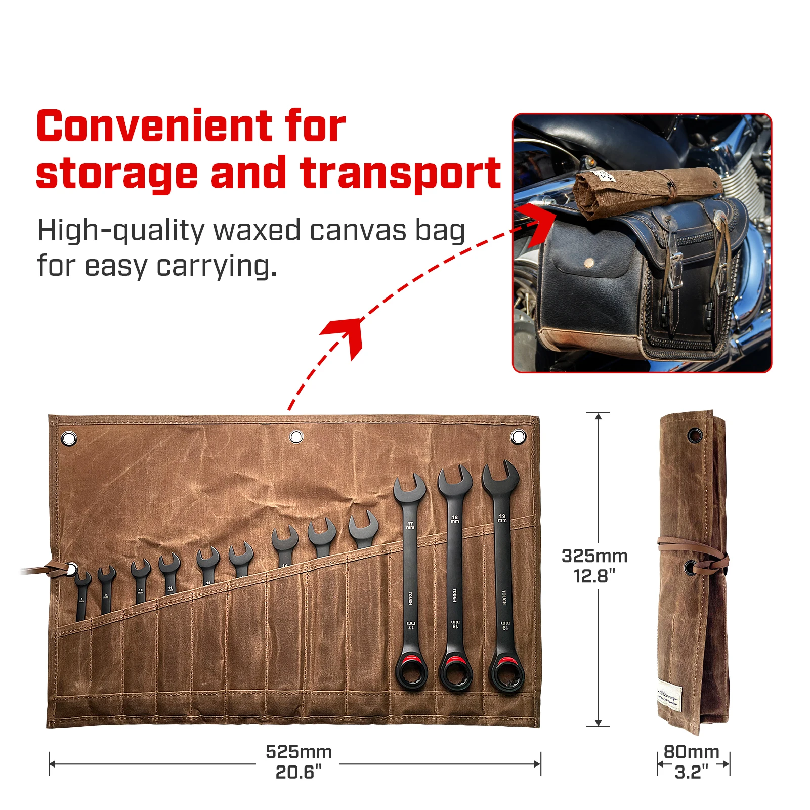 Combination Ratcheting Wrench Set: 12-Piece Metric 8-19mm CR-V Steel Tough Wax Canvas Storage Bag for Off-Road Tool Kits Hab617f17b6ee4f2cbf3e85f71412366dU