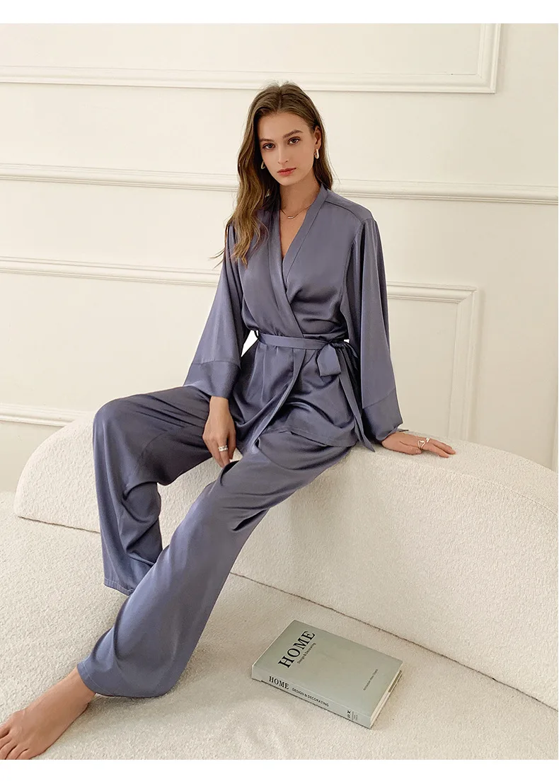 2023 Two-piece Pj Sets Long Sleeve Pajamas 2 Piece Set Turn-down Collar Custom Silk Satin Women Pajamas Set Sleepwear