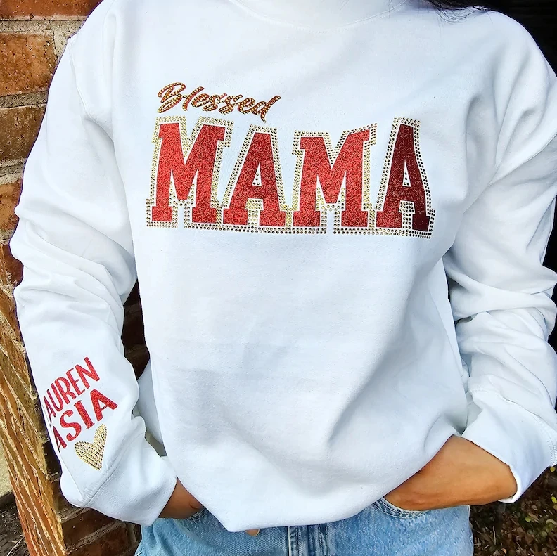 New style red glitter blessed mama crystal transfers sequin patches letter alphabet rhinestone template heat transfer