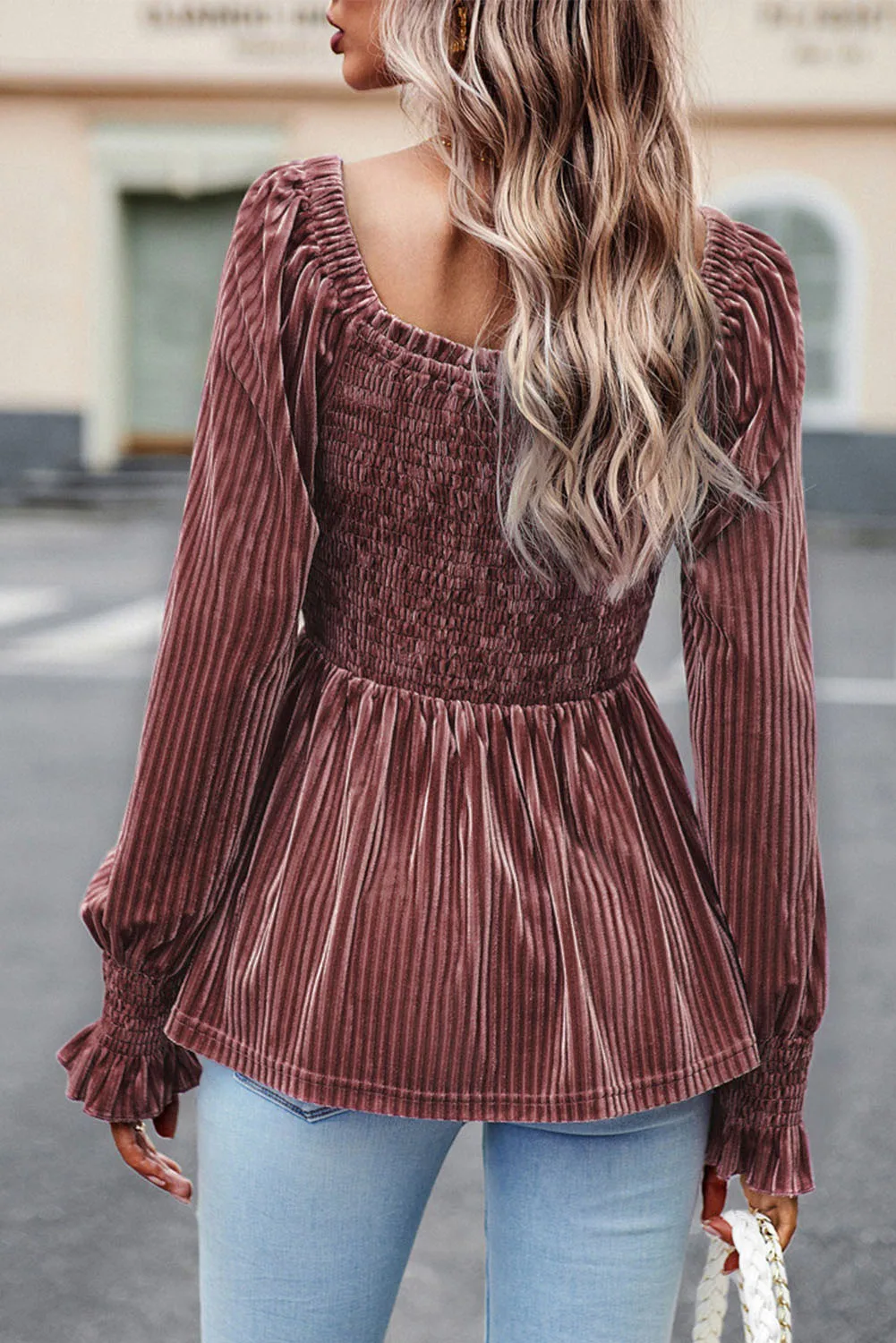 Dear-Lover Fall & Autumn Southern Pink Smocked Ribbed Babydoll Velvet Tops For Women