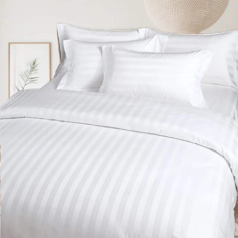 Hotel Bedding Linen Luxury 100% Cotton 250TC White Satin Stripe Duvet Cover Flat Bedding Sheet Set