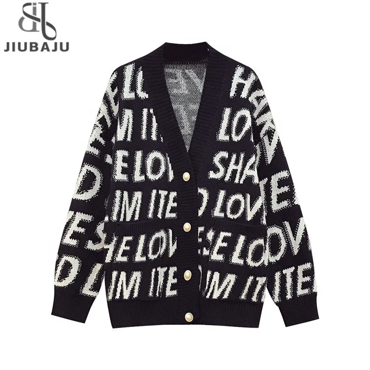 Autumn Women Letter Printed Knitted Cardigan V Neck Sweater Coat Single Breasted Vintage Cardigans
