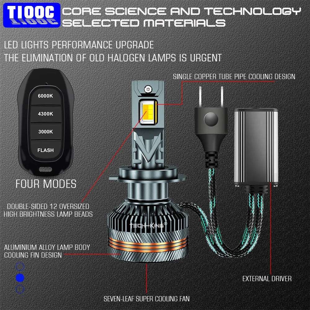 TECH-KING High Quality Auto Lights Head Lamps H1 H3 H4 H7 H11 9005 9006 9012 6000K 4300K 3000K Flash Four Mode LED Headlights
