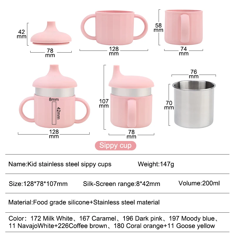 Children Silicone Sippy Stainless Steel Cup Leak Proof Silicone Baby Feeding Water Sippy Silicone Cup