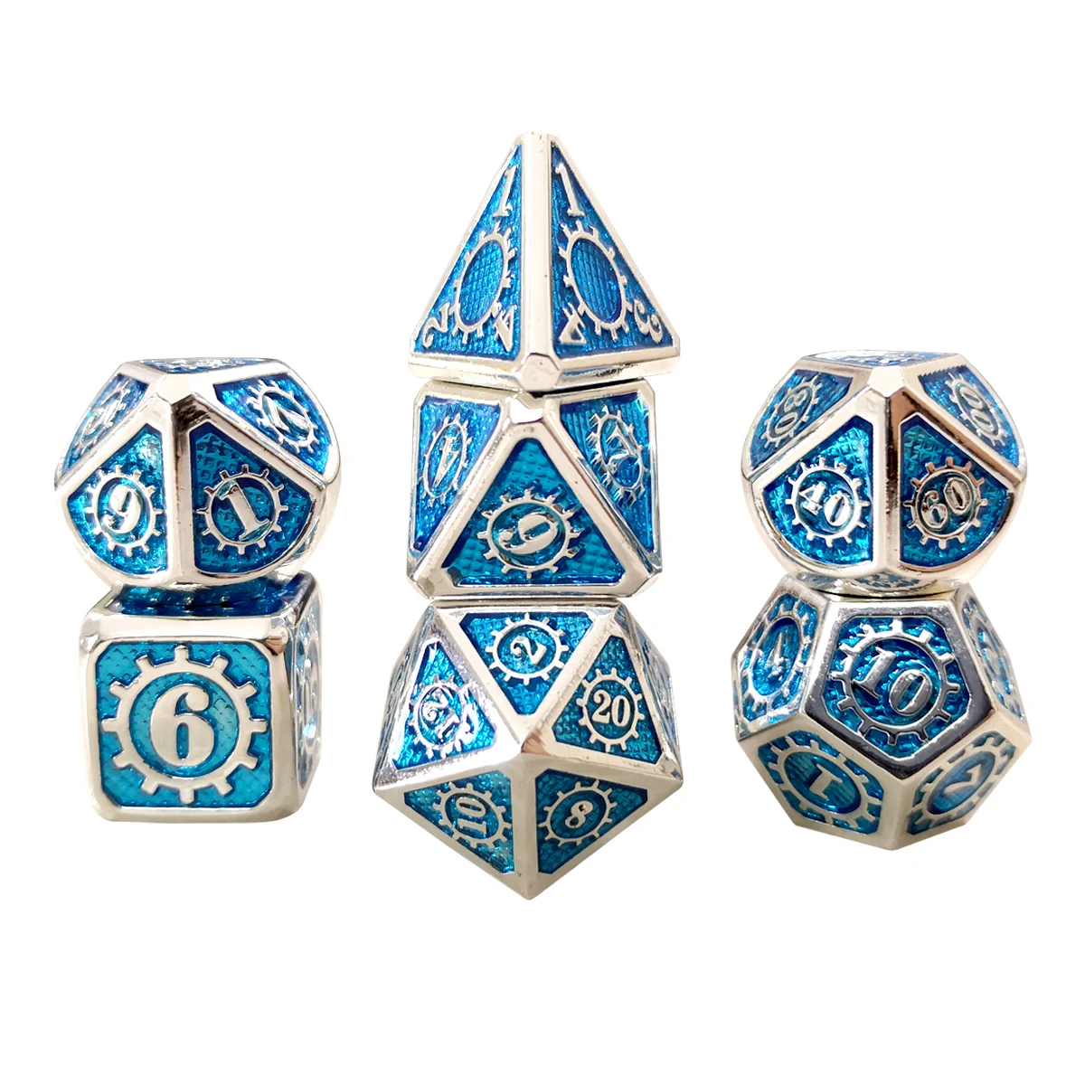 7Pcs Metal Polyhedral Dice DND RPG MTG Role Playing and Tabletop Game Blue new 
