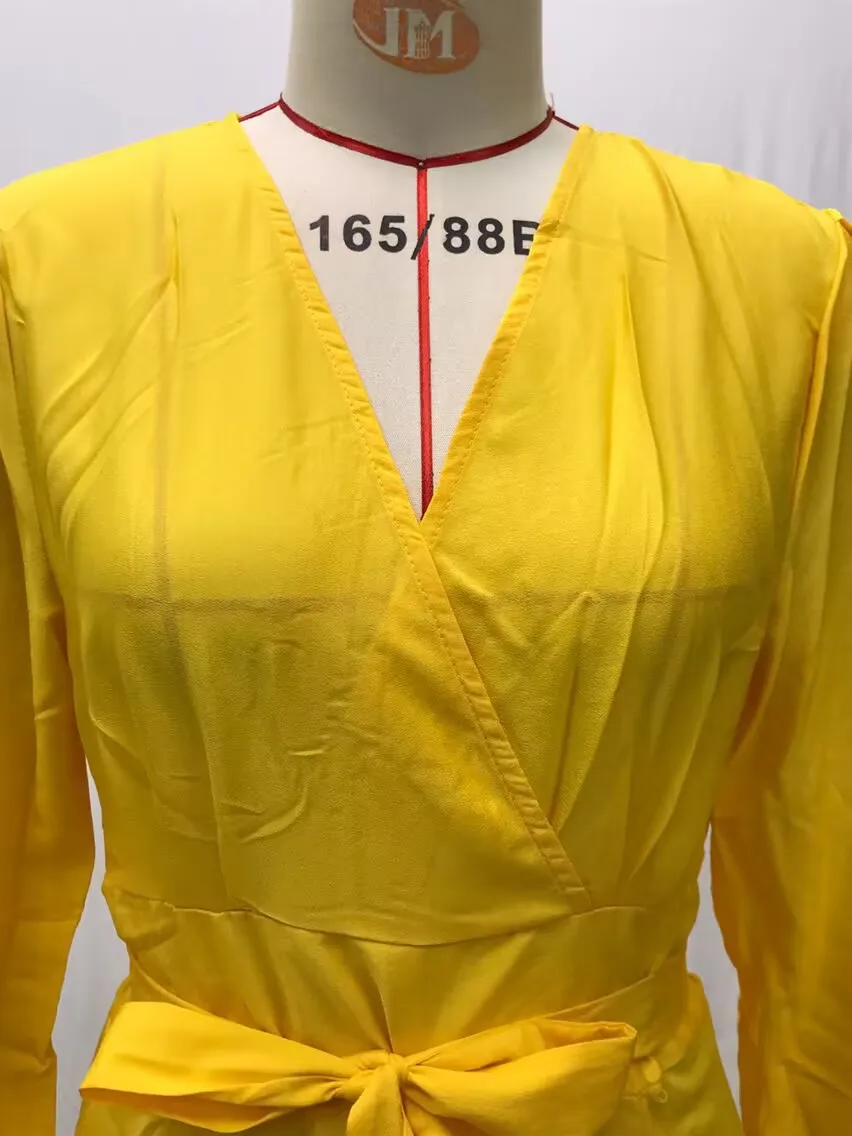 aladal2024跨界新款欧美女深v领拼接开缝长裙纯色时尚黄色连衣裙