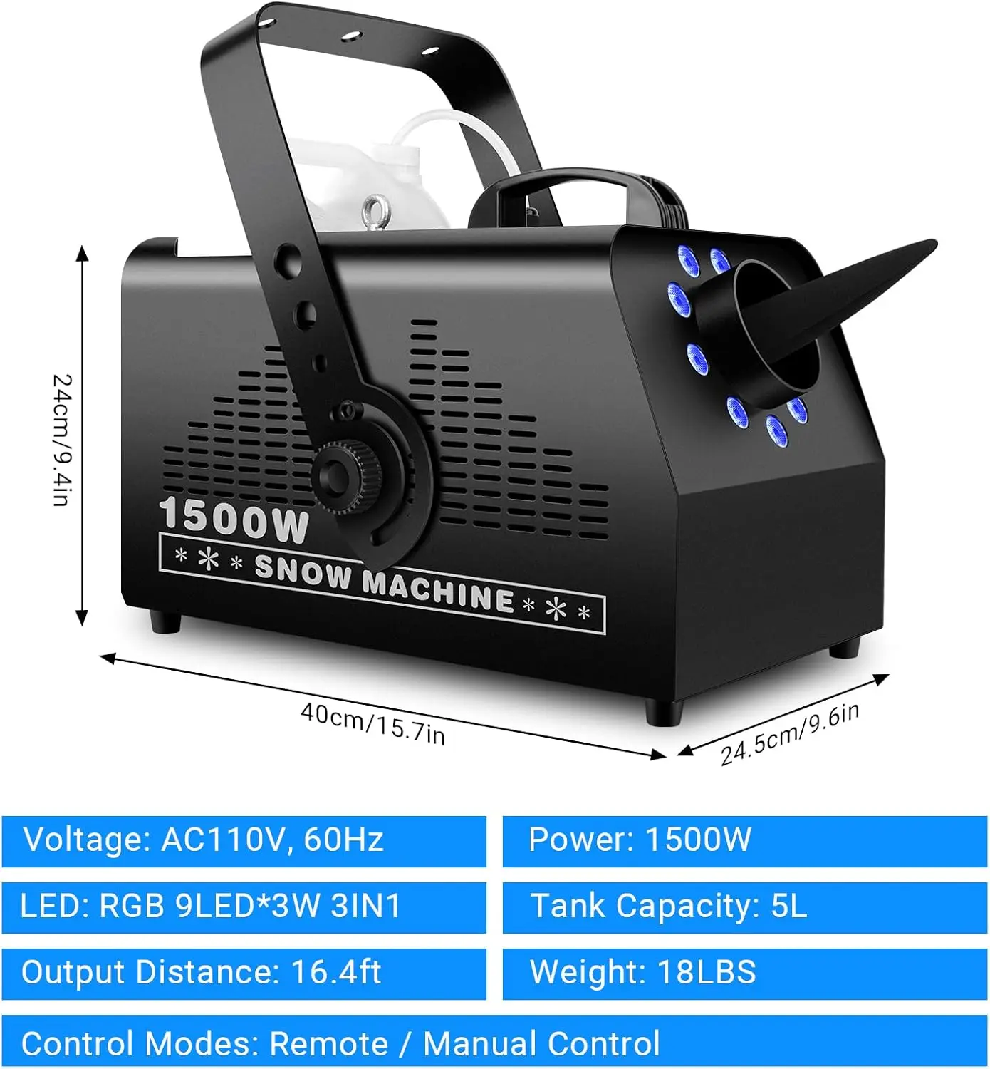 1500W High Output Remote Control Snow Maker Machine with RGB LED Light for Stage and Christmas Party