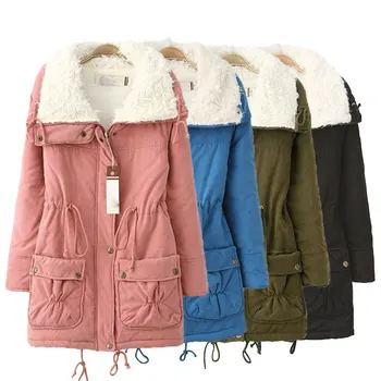 Solid Fur Collar Jacket Outerwear Coats Women Thick Warm Casual Slim Cotton Padded Ladies Parka Fleece Winter Jacket