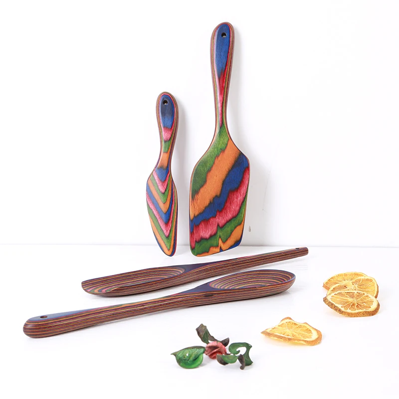 Island Bamboo Pakka Wood Spurtle Set 4 Piece Multi Use Rainbow Wooden