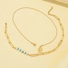 Pearl Necklace 18k Gold Plating Double Pearl Broken Stone Turquoise Leaf Pendant Necklace