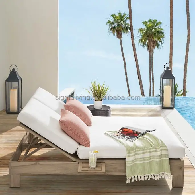Outdoor swimming poo bed furniture weathered teak double chaise