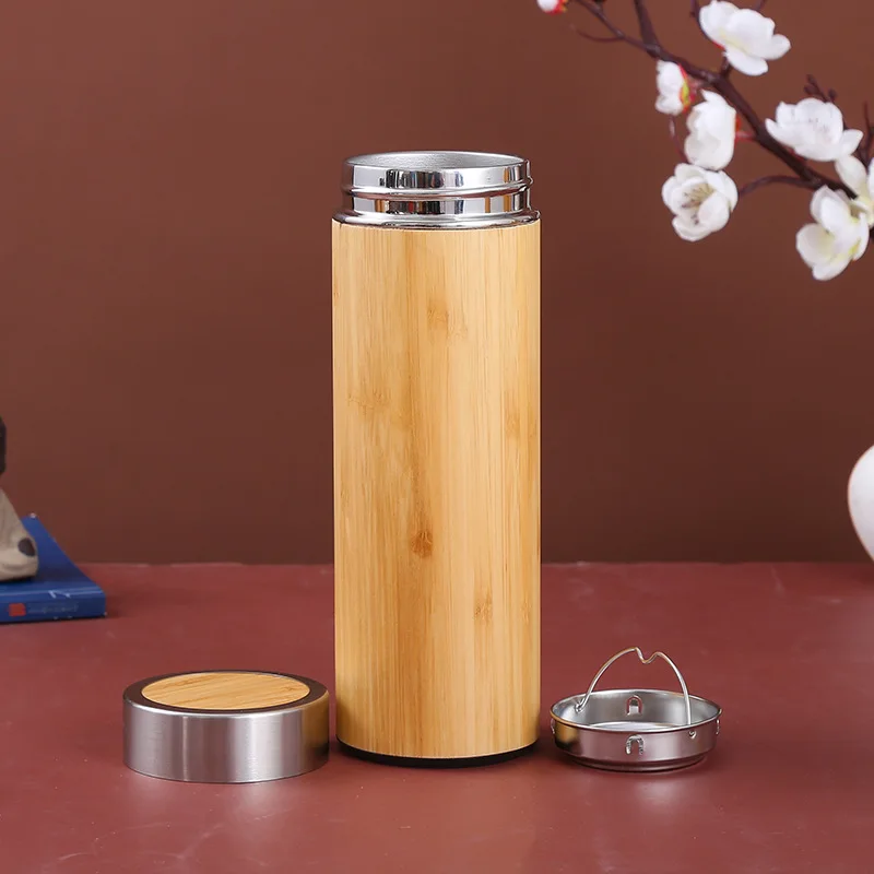 Custom Eco-Friendly Bamboo Insulated Water Bottle Direct Double Wall Stainless Steel Vacuum with 0.5L Capacity