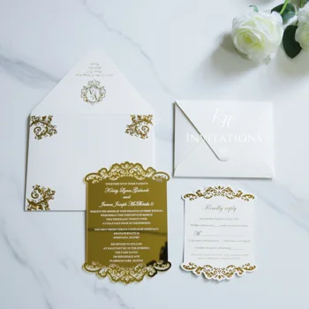 Popular Acrylic Wedding Card with Laser Cut Floral Design Gold Acrylic Wedding Invitations with White Silk Print Wording