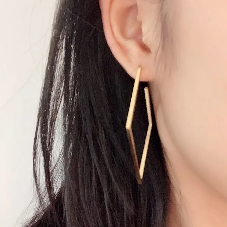 18K Gold Plating Stainless Steel Jewelry Geometric Big Rhombus Earrings Shiny Gold Color For Women Drop Earrings BE171035