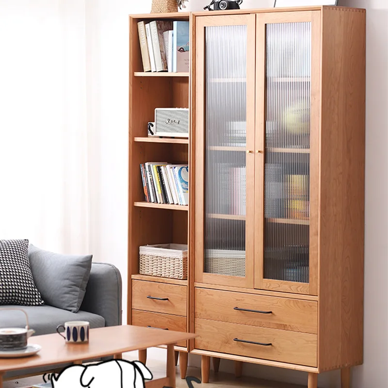 Nordic solid wood bookcase with door glass bookcase floor-to-ceiling storage cabinet Cherry Japanese log simple shoe cabinet