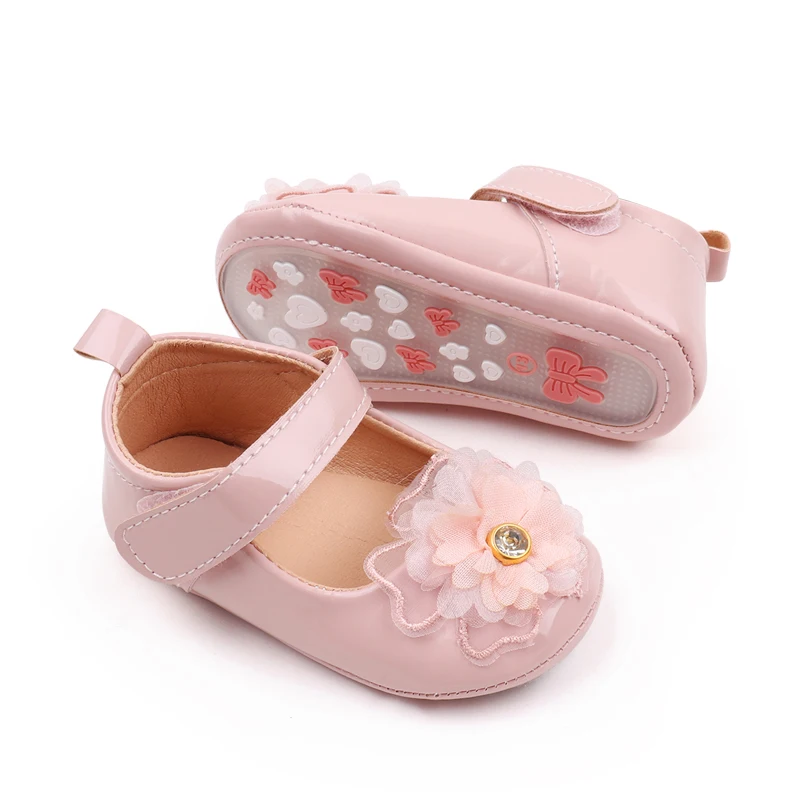 Spring and Autumn Pure Color PU Leather Veil Rhindiamonds Flower Princess Walking Shoes for Baby Girls factory