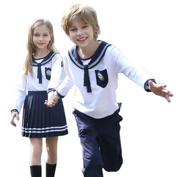 Children's British Preppy style navy striped and white spring and autumn clothing japanese sailor suit kids school uniforms