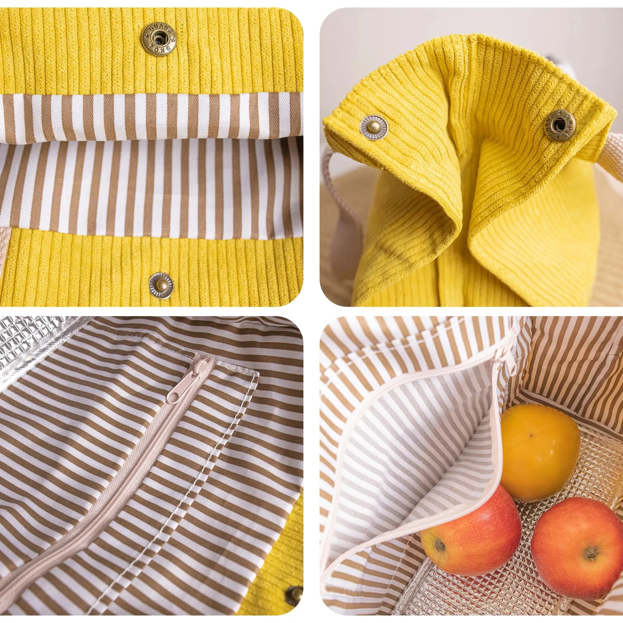 Reusable Custom Logo Insulated Corduroy Lunch Bag with Buttons and Interior Pockets manufacture