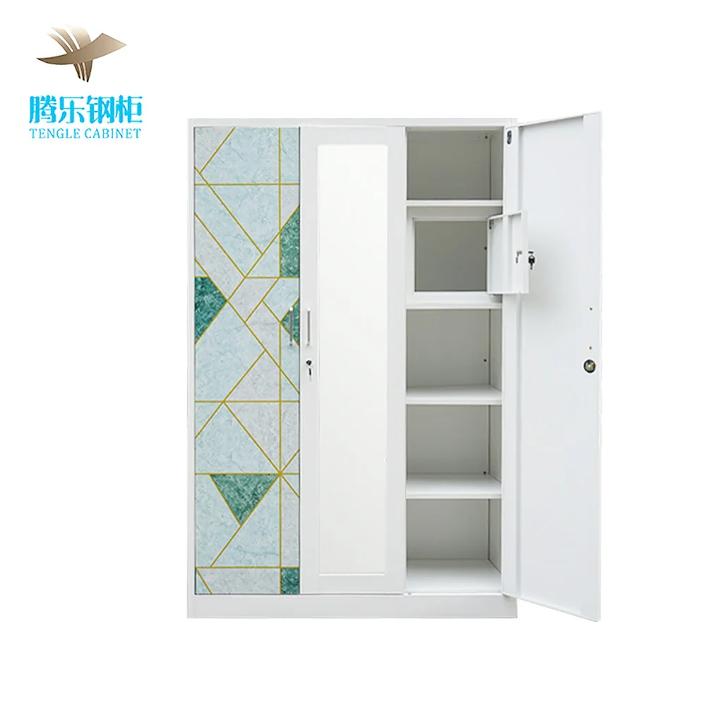 3-Door Iron Wardrobe for Kids Home Patterned Bedroom Closet Cabinet for Baby's Clothes & Pakaian Kids Metal Furniture