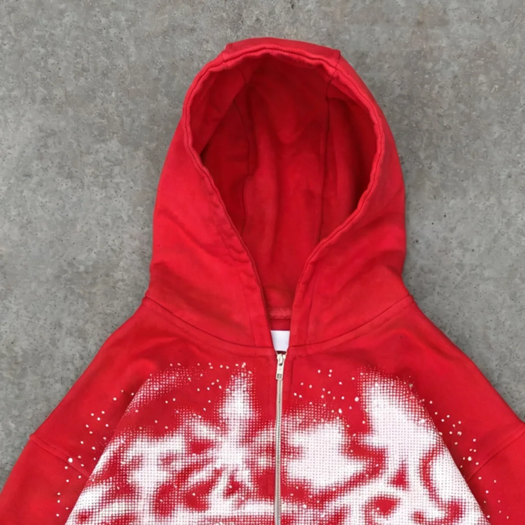 product wholesale mens gradient halftone rhinestone zip hoodie vintage loose red black street zip hoodiesmall moq custom-5