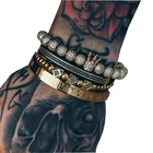 Micro Inlaid Zircon Leather Tube Crown Braided Letter Stainless Steel Bracelet 4 Piece Bracelet Set For Men