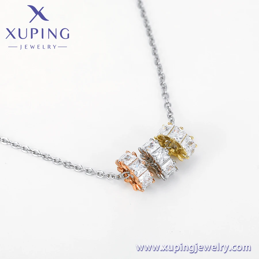 A00905357 XUPING Jewelry Clavicle Chain Three Row Square Zircon Rose Gold Color Rhodium Color Stainless Steel Pendant Necklace