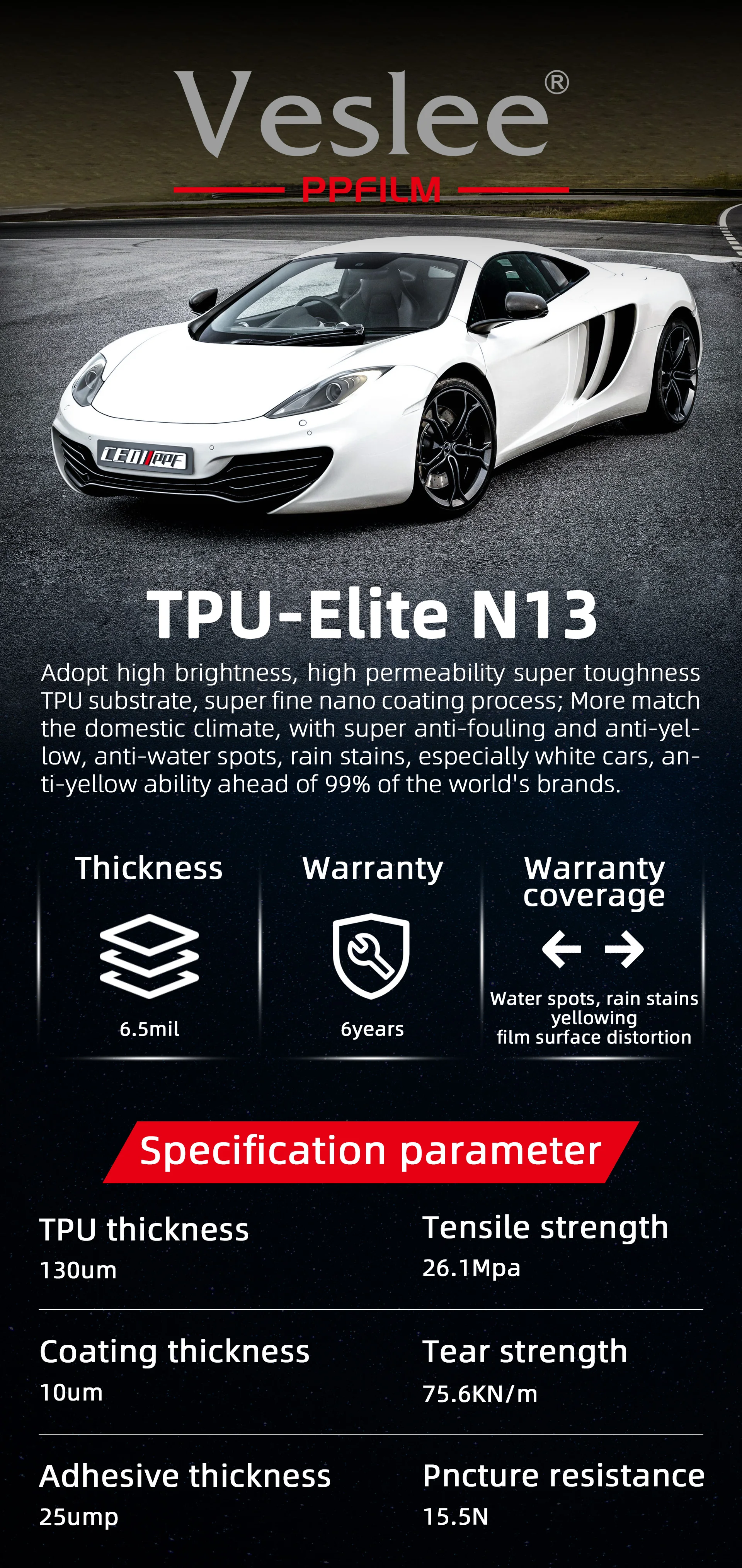 7.5mil Hydrophilic Coating Luxury Design TPU Car Paint Protection PPF Film with 1.52*15M Size