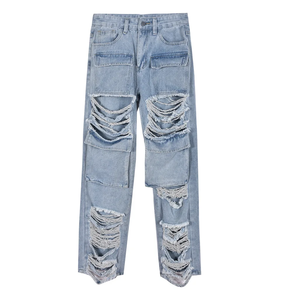 Fashion Pocket Stitching Hollowed-Out Hole Beggar Style Street Casual Straight High Waist Jeans supplier