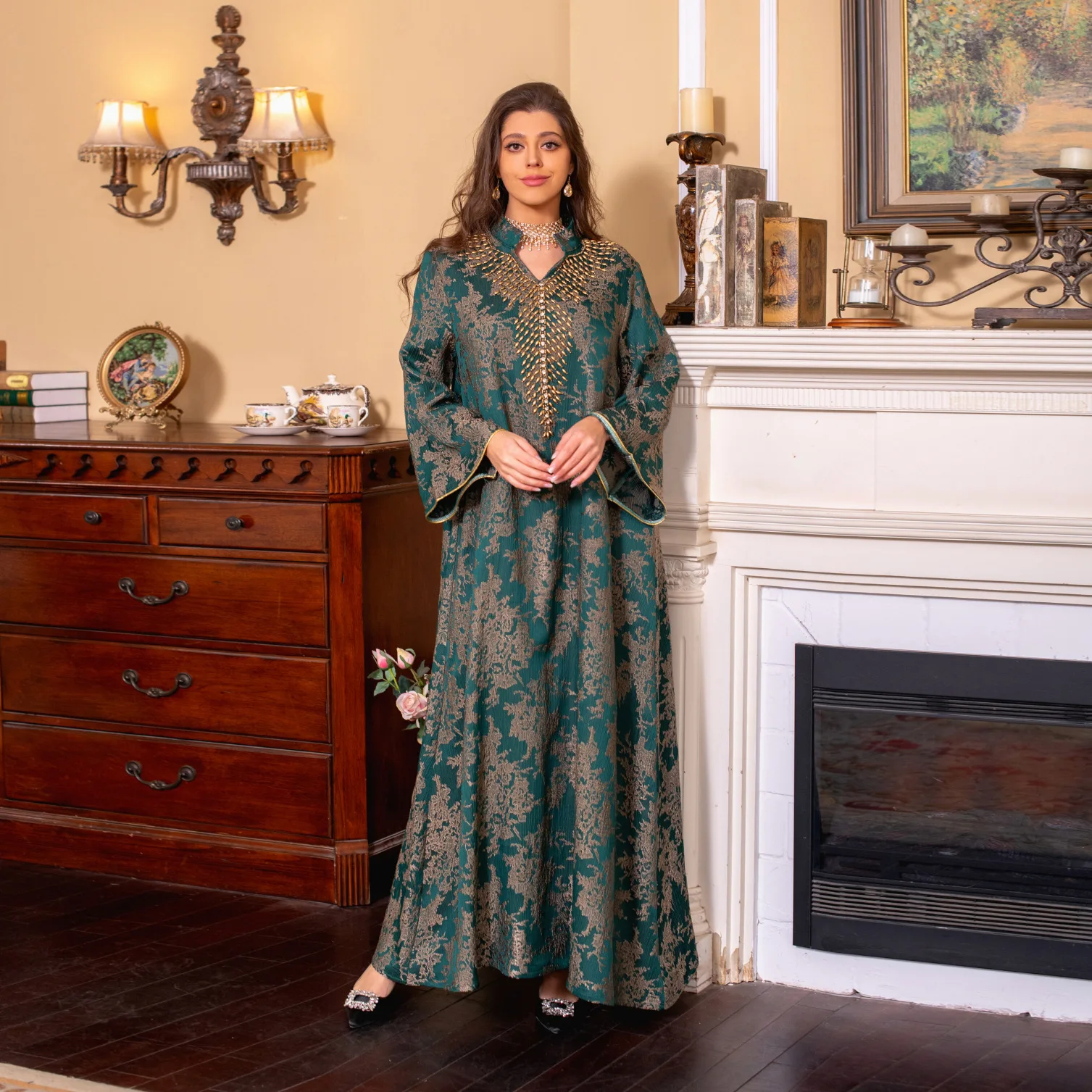 New Eid Muslim Dress for Women Beading Stand Collar Jalabiya Party Dress Arab Long Robe Morocco Kaftan Embroidery Luxury Thawb details