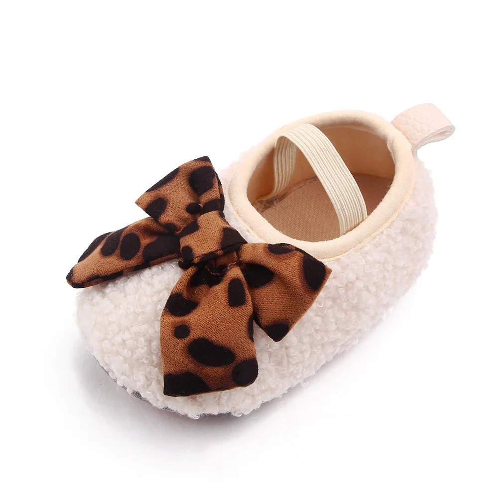 0-1 Year Old Infants Foot Set Solid Color Teddy Velvet Leopard Bow Baby Girls Cute Soft Soled Toddler Shoes details