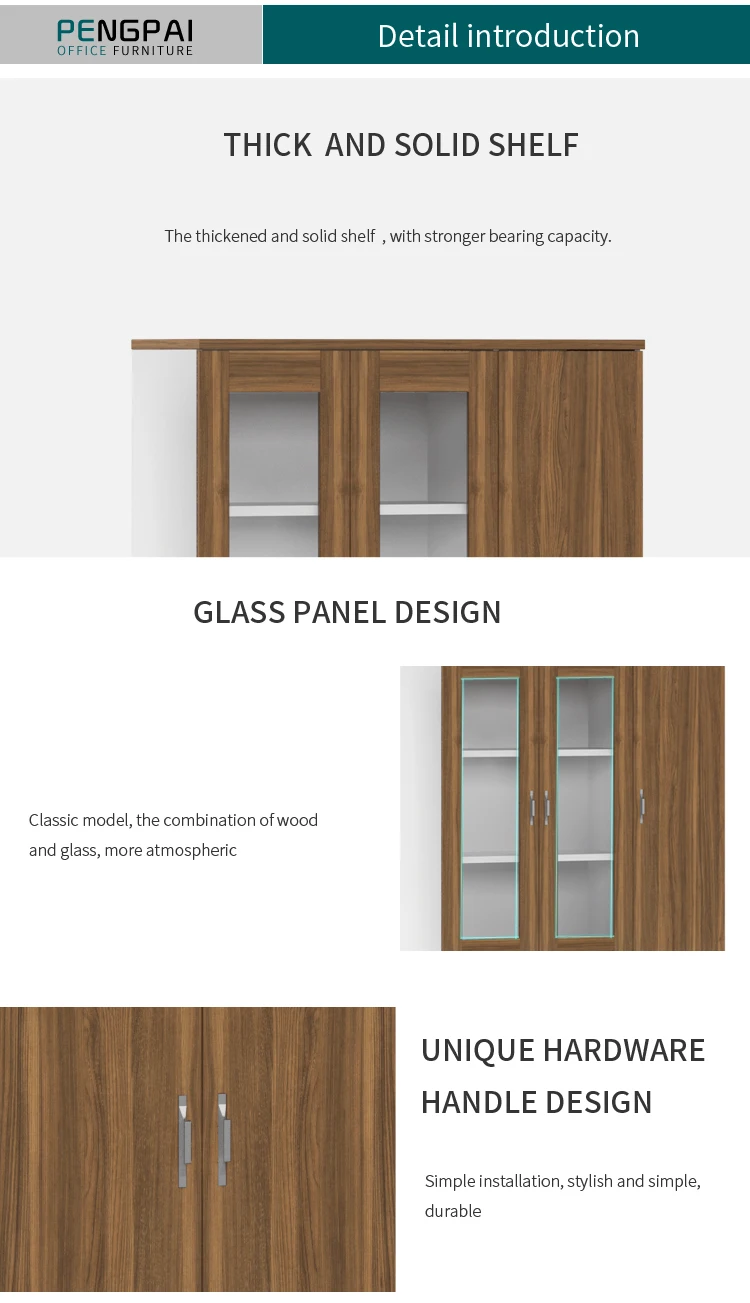 Pengpai 2 doors wood bookcase with glass doors shelf bookcase for office building