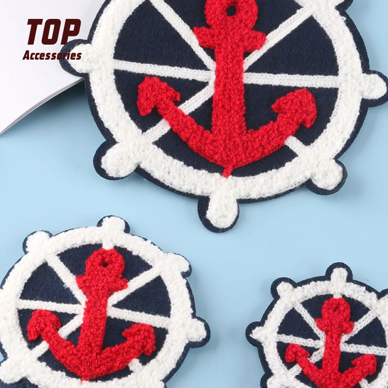 Sea Anchor Steering Wheel Tricolor Wholesale Large Medium Small Chenille Embroidery Patches Silver Glitter Iron On Beauty