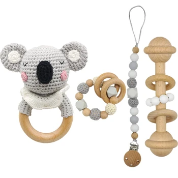 F0027 100% Organic Koala Shape Wood Ring Rattles Baby Crochet Wooden Baby Teether Toy Gift Set
