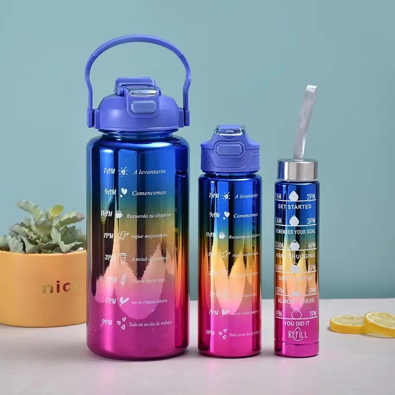 3pcs/set New 2L motivational water bottle botella de agua termos de agua gym plating water bottles with time marker plastic cups