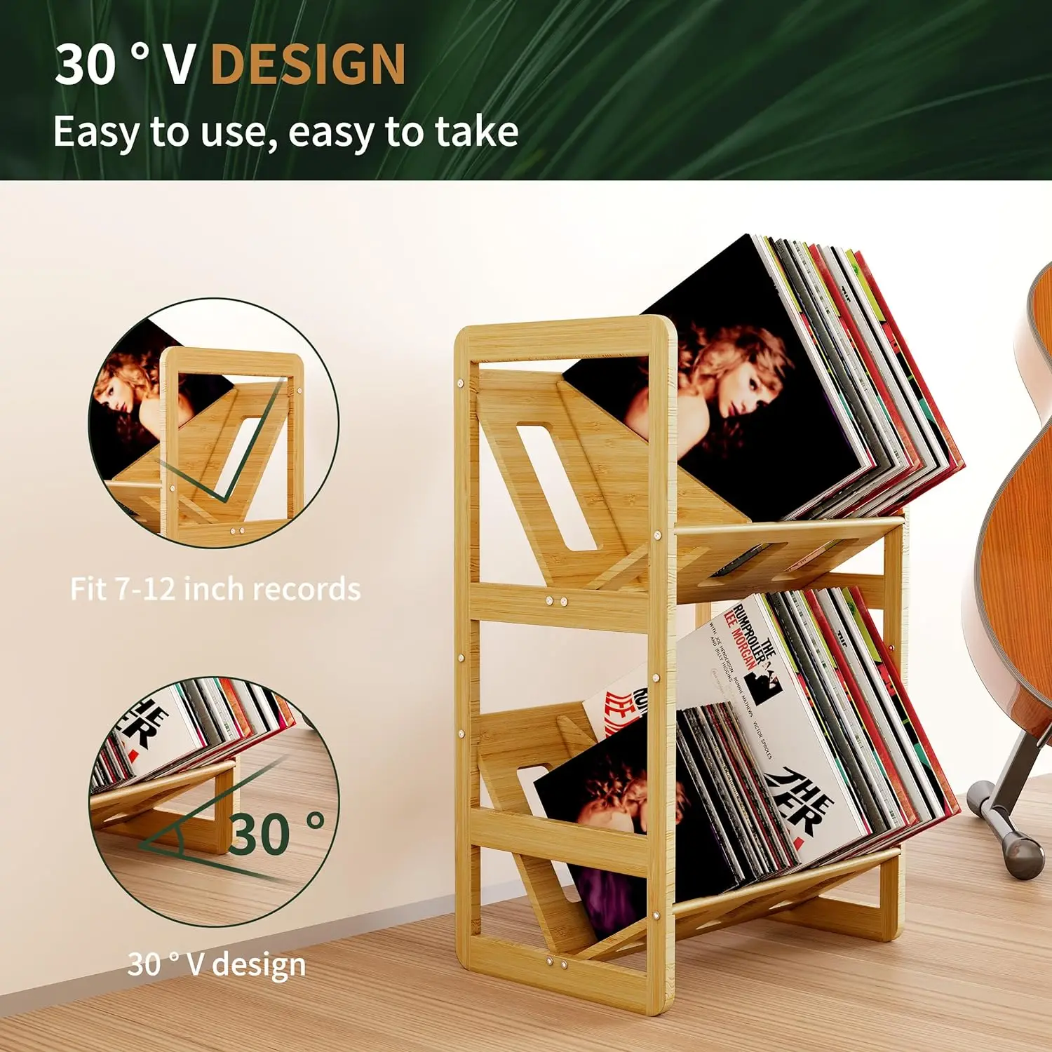 product 2 tier bamboo record stand shelf with dividers vinyl record storage holder and display rack for book bathroom organizer-4