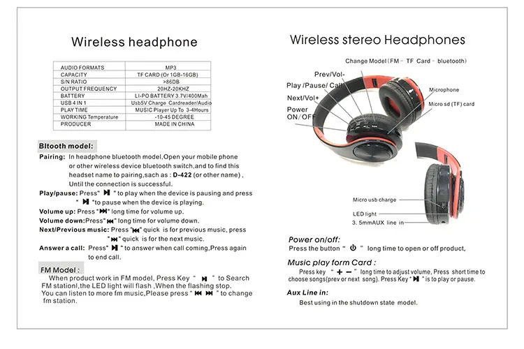 Wholesale Custom OEM Earphone Wireless Headset Foldable Wireless Blue Tooth Digital MP3 Headphone