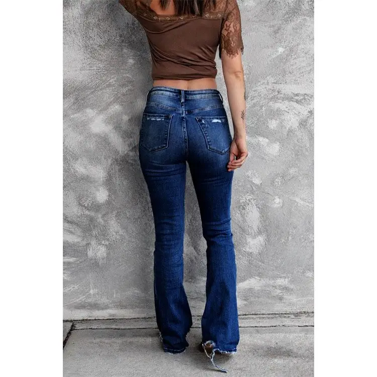 2021 Fashion Hole Ripped Denim Flare Pants Wide Leg Women High Bell Bottoms Jeans