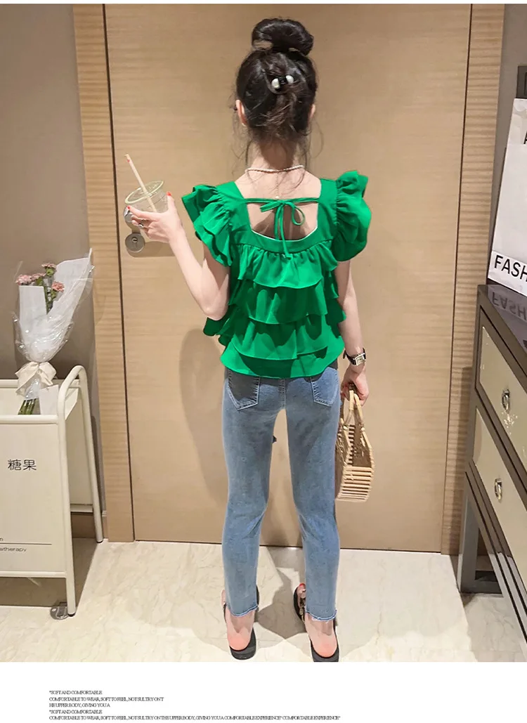 2023 Ruffle Hem Small Fly Sleeve Top Square Neck T-Shirt Hole Jeans Two Piece Set Summer Adolescent Girls Clothing Sets